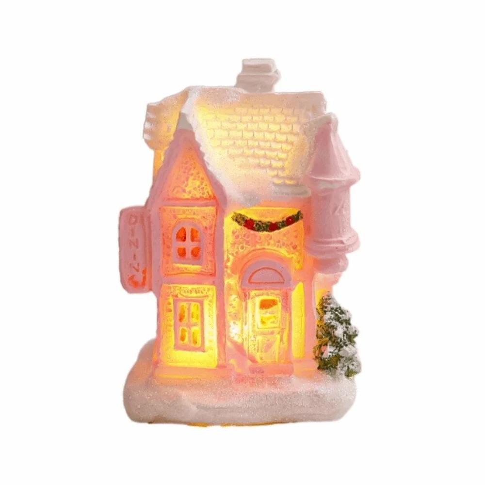 Resin Christmas Glowing Small House Luminous Cute Christmas House Ornament Pink Elegant Christmas Decorations Figurines
