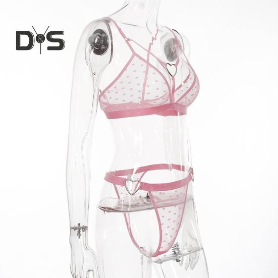 Ensemble soutien-gorge et culotte en dentelle transparente avec broderie en forme de cœur creux, couleur unie, bretelles réglables, taille haute, pour nuit de noces, lune de miel