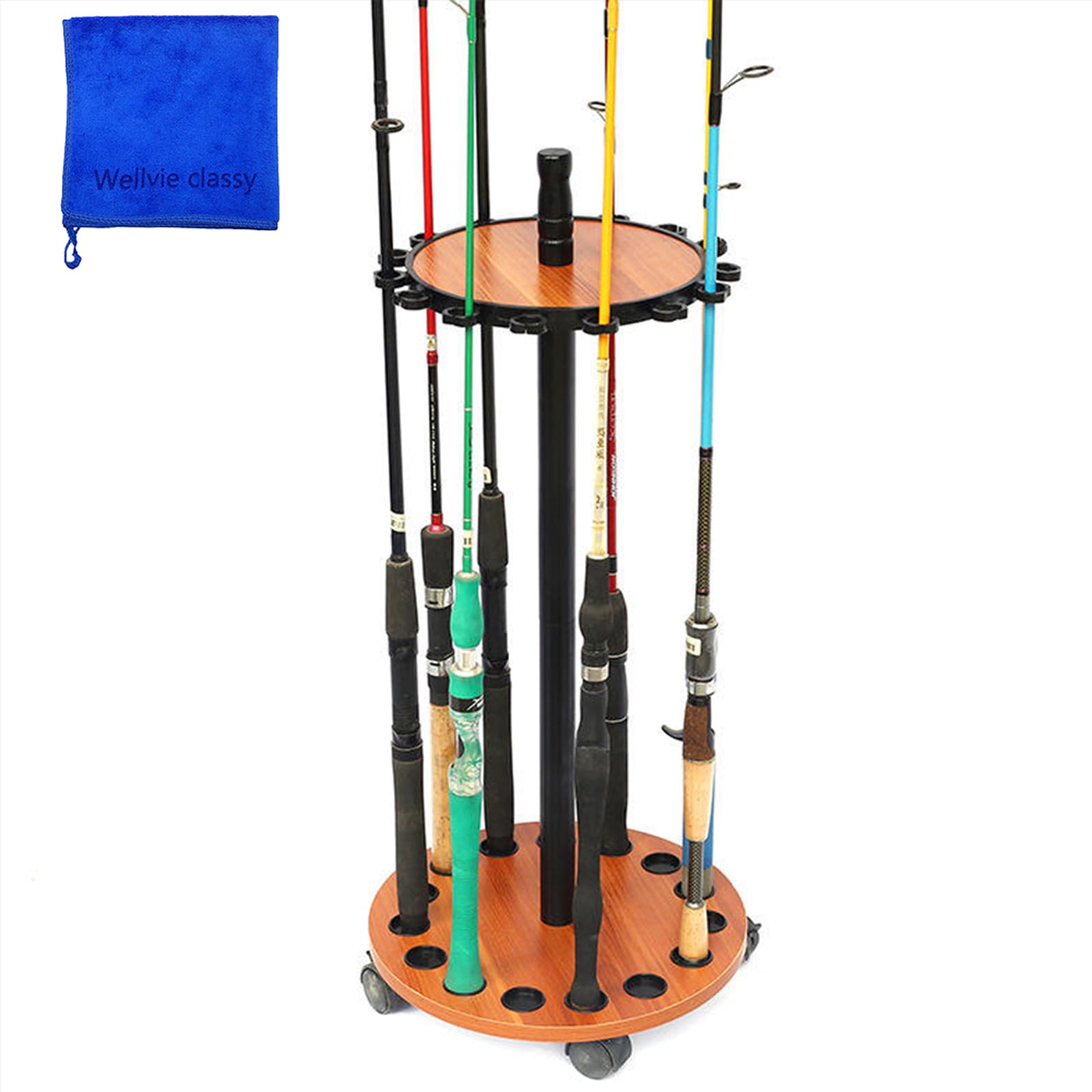 

Wellvie Classy Caster-Mounted Rotating Rod Stand, Holds 15 Rods, Compact Design, Wooden Fishing Rod Stand [Parallel Import]