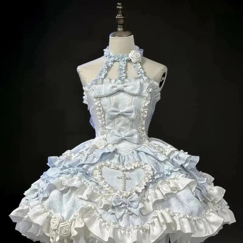 Rochie Lolita Slim cu Gât Decupat Kawaii Minunată Femei Design Dulce Fundă Umeri Goali Rochii Sling Elegante Drăguțe