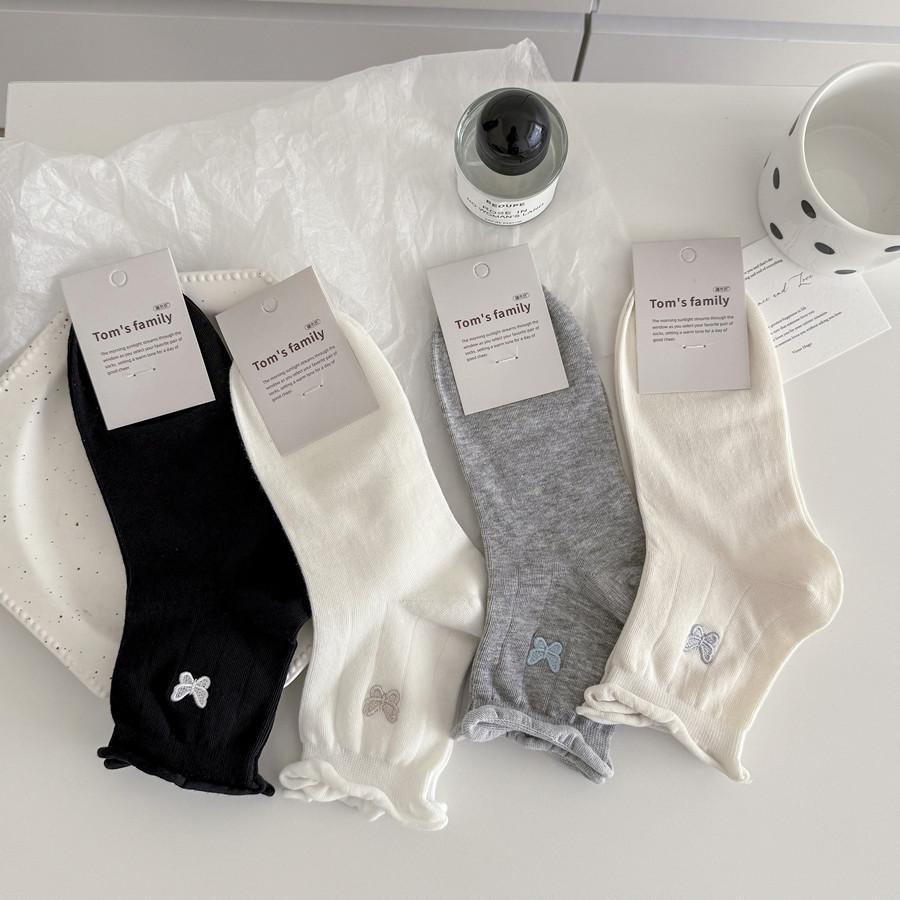 Women's Spring and Autumn Mesh Bow Embroidery Mid-calf Socks, Women's Slimming Trendy Socks, Rolled-up Postpartum Socks