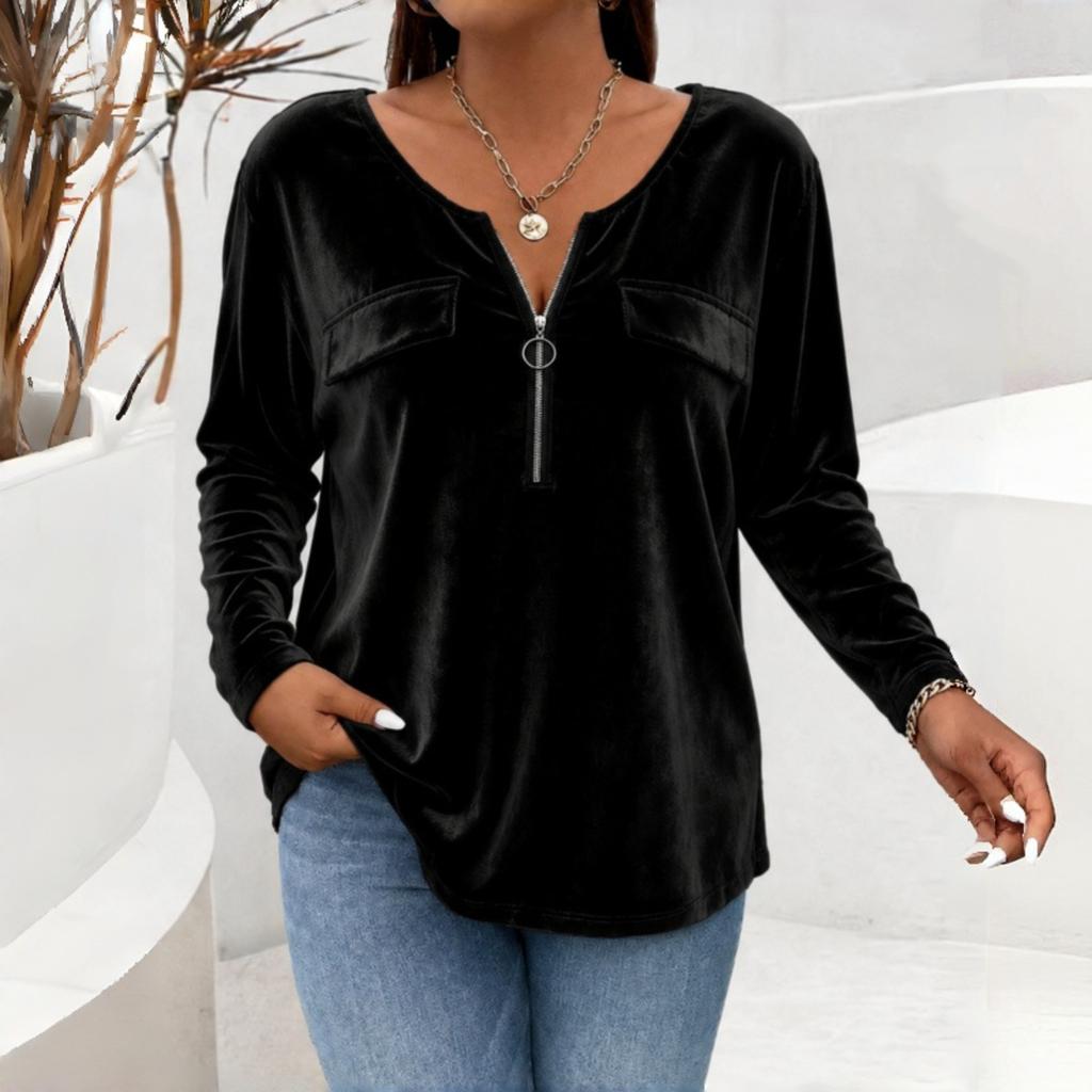 Women's Vintage V-Neck Zipper Front Long Sleeve Pullover Color