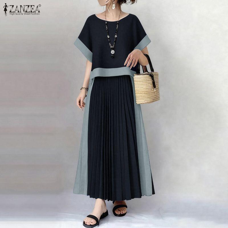 ZANZEA Women Short Sleeve Blouse and Long Skirts Casual Two Piece Suit Sets