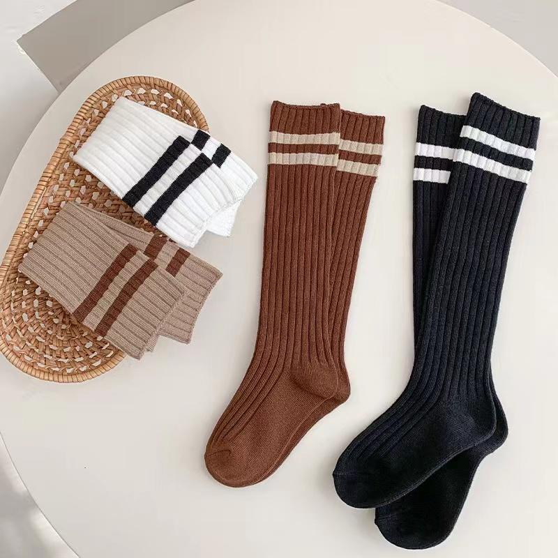 1 Pairs/ Kids Knee High Long Socks Soft Cotton Black White Stripes Children Sports Socks Boys Girls Classic Preppy Style Sock