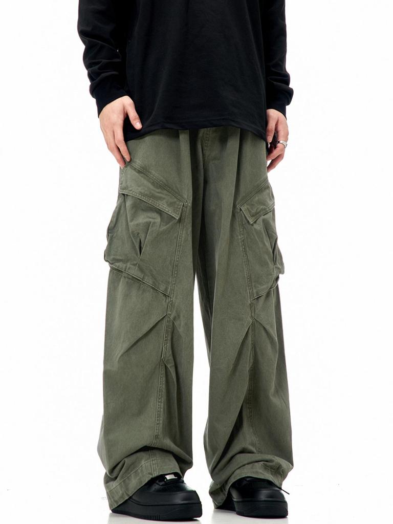 11KN Unisex Retro Wide Leg Work Pants with 3D Pockets - Pleated, Loose, Slimming, Casual, Long Fit