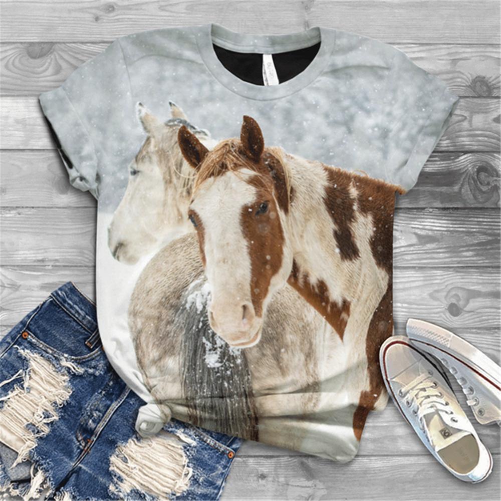 Women's T-shirt Short Sleeve Summer Everyday Animation Horse Digital 3D Print Sexy Diagonal Collar Top Loose Female Pullover