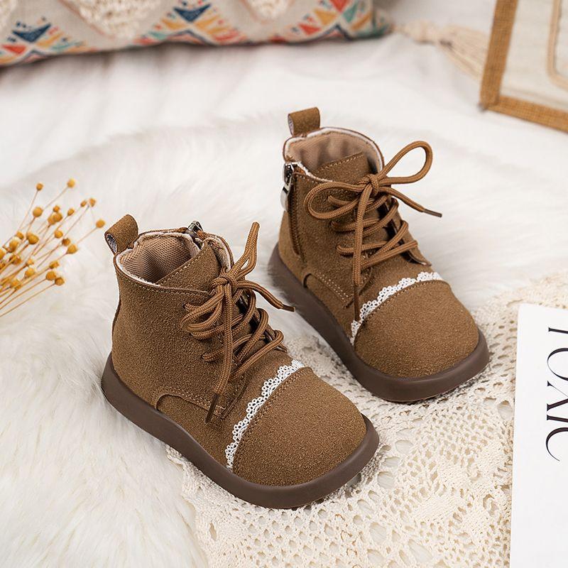 

Botas Girls Leather Boots Sweet Lace Side Zip Kids Short Boots Round Toes Autumn Soft Sole Children Ankle Boots Zapatos 23 коричневый