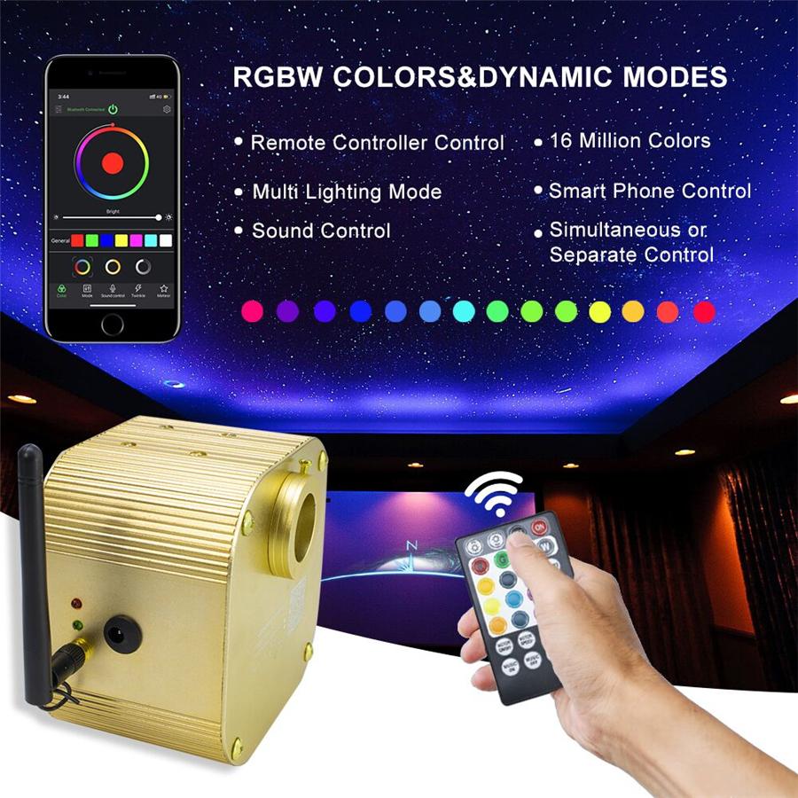 CAR 16W Twinkle RGBW Fiber Optic Light Bluetooth Remote Music Control Star Ceiling 300pcs 2M Cable