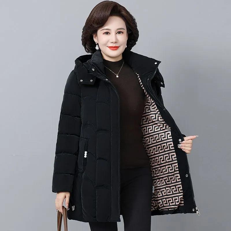 Women's Winter Thickened Jackets Parkas Hooded Quilted Long Pockets Coat Middle Aged Female Overcoat