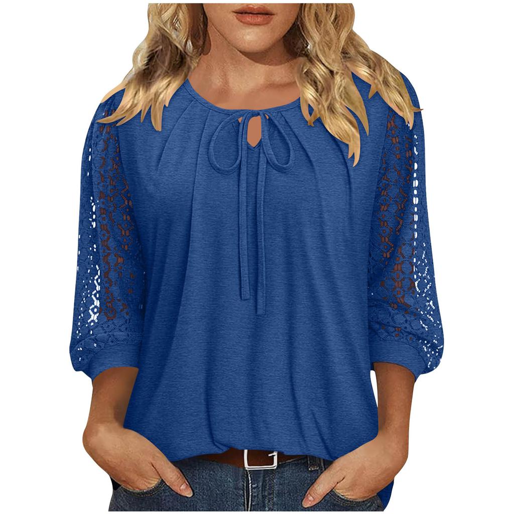 Women's Lace-Up Blouse, Loose Fit, Casual, Sheer Lace
