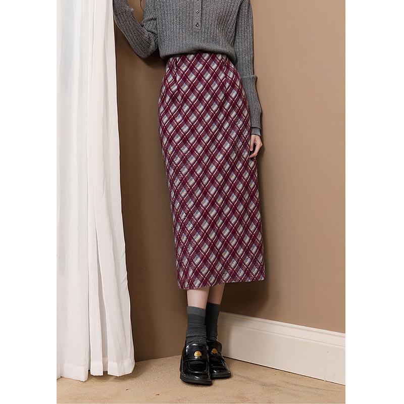 2025 Women's High-Waisted Washable Plaid Flannel Midi Skirt with Slit