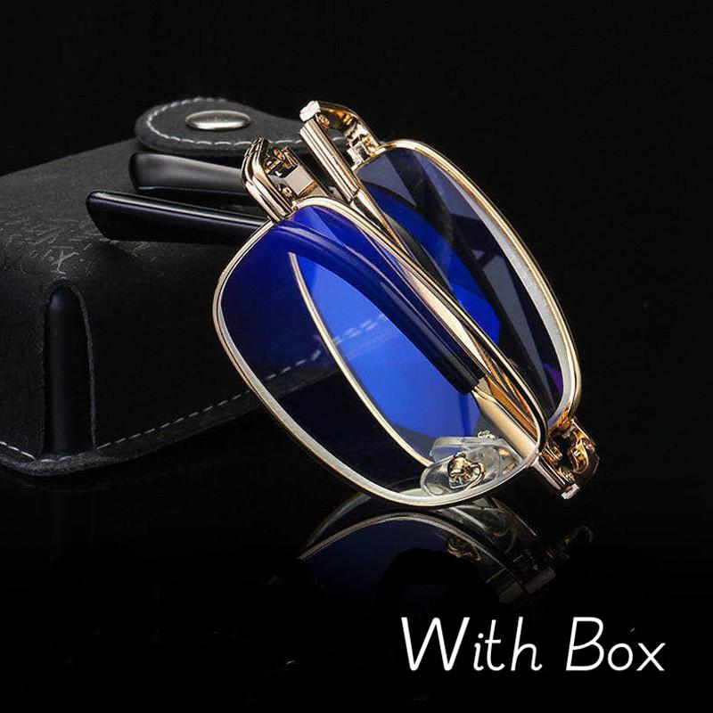 Portable Metal Anti Blue Light Bifocal Reading Glasses Men Folding Presbyopia Eyewear with Leather Case