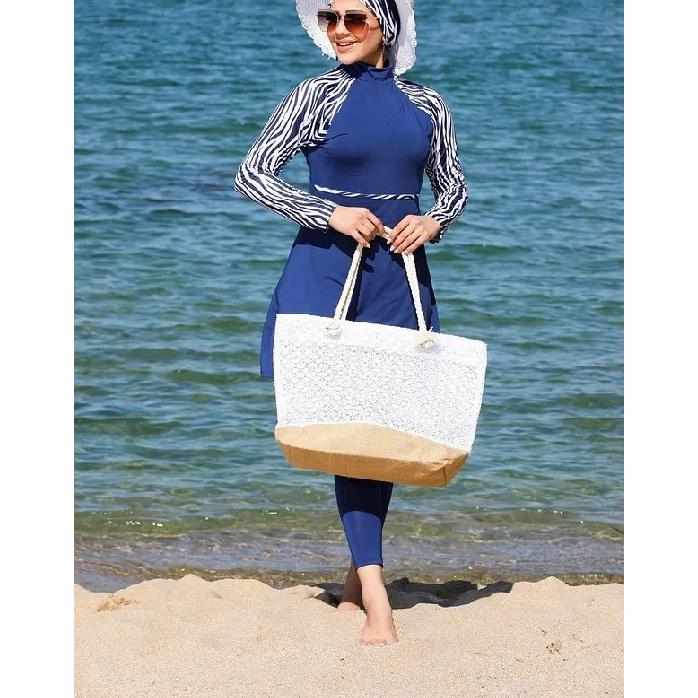 New Blue 2-piece Muslim Women's Modest Muslim Floral Print Seaside Swimwear Full Coverage Swimsuit Set Islamic Hijab Beachwear Burkini Swimsuit