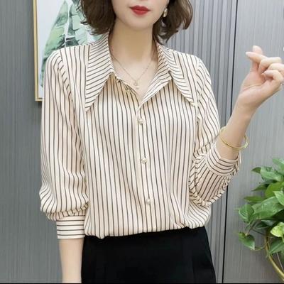 Fashion Striped Women's Long-sleeved Shirt All-match Spring and Summer Shirt Korean Version of The Long-sleeved Shirt Women's Clothing