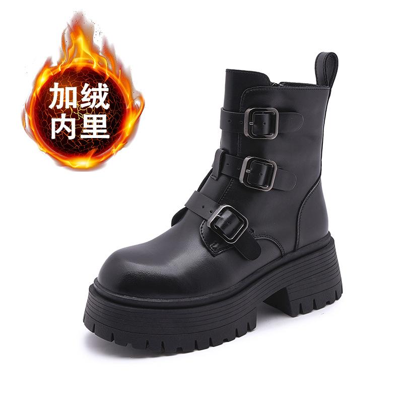 Leather Martin Boots Women's 2025 New Winter Fleece Warm Thick-soled Medium Boots Black Retro Versatile Short Boots