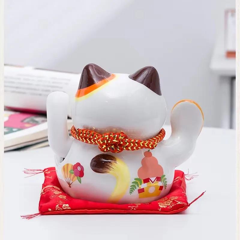 5" Ceramic Battery-Powered Maneki Neko with Waving Hand - Lucky Cat Home Decor & Perfect Gift (Fortune Symbol)