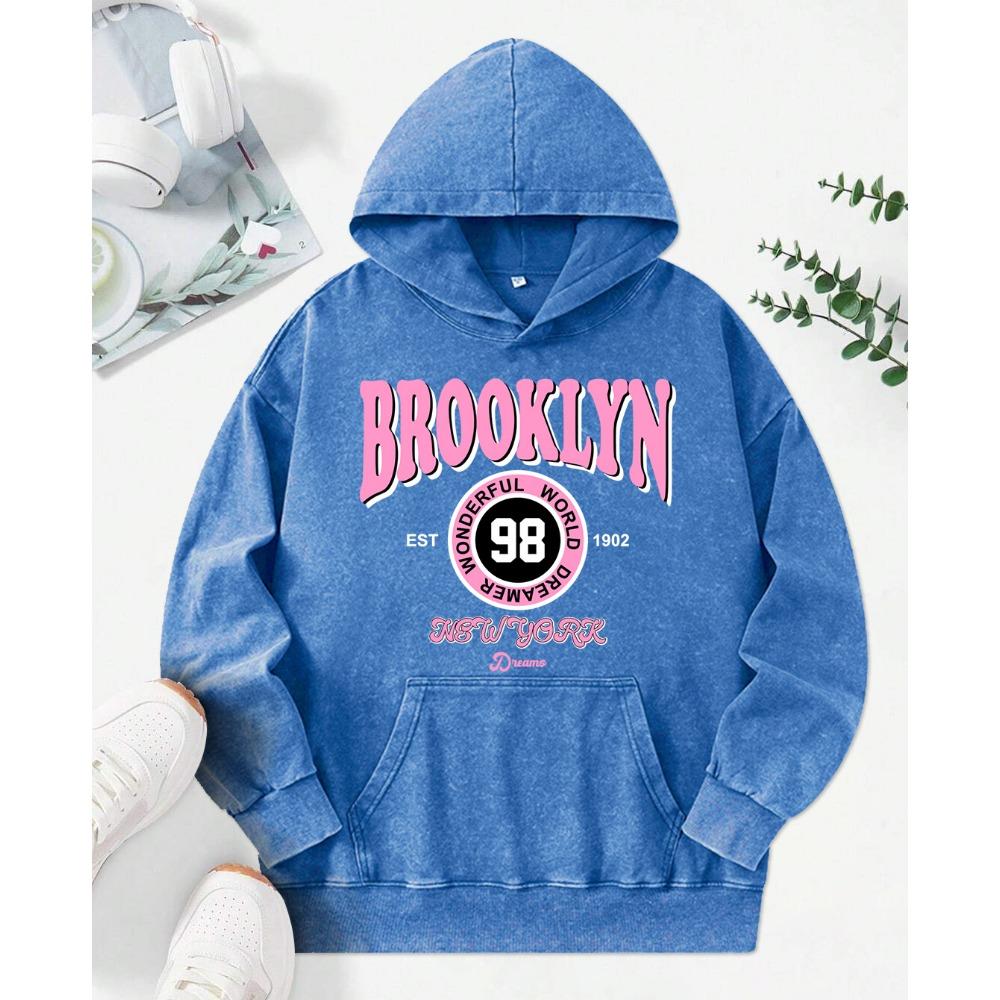 Brooklyn Wonderful World Dreamer Print Women Washed Hoodies Fashion Pocket Hoodie Cotton Comfortable Clothing Oversize Hoodie