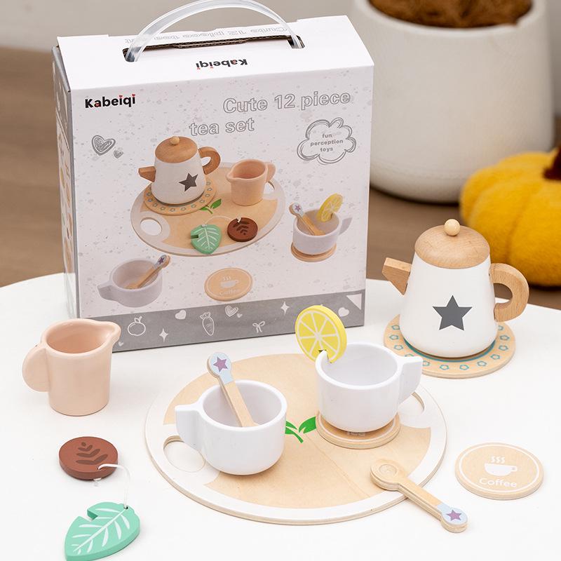 Wooden Tea Set Playhouse: Afternoon Tea Kitchen Toys for Kids Birthday Gift
