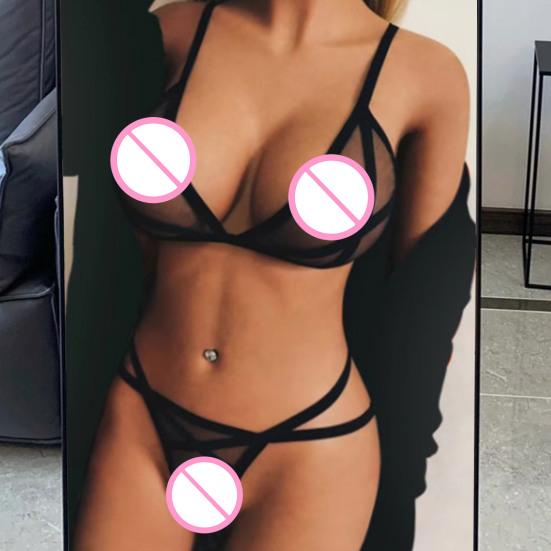 2 Pcs/Set Bra Panties Set See-through Mesh Hollow Out Solid Color Elastic Strap Decor Thin High Waist Wedding Night Honeymoon Underwear Set