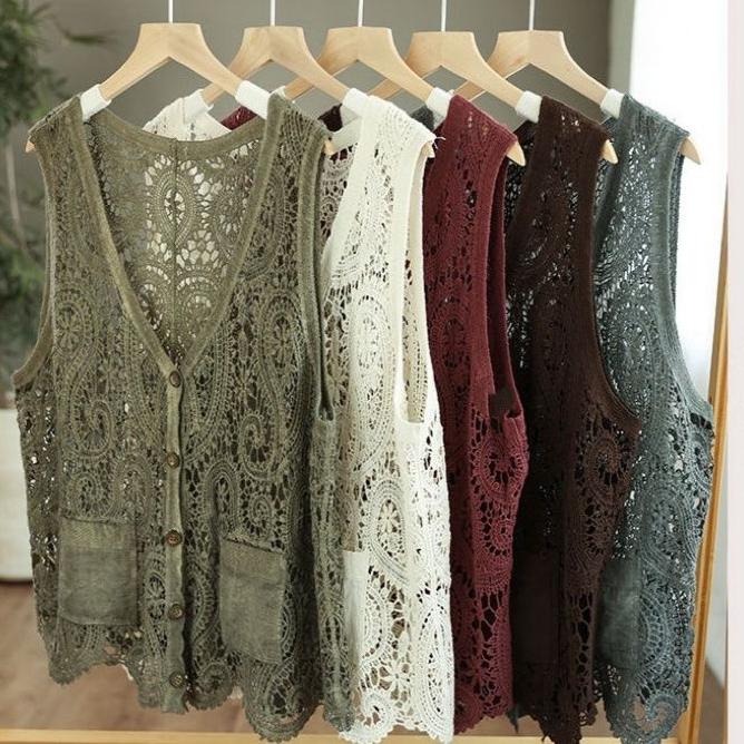 Bohemian Cotton Lace Cardigan Vest with Pockets and V-Neck