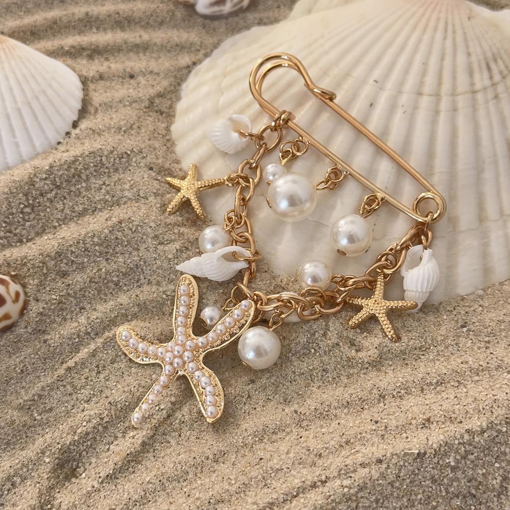 Salircon Bohemian Starfish Conch Imitation Pearl Pendant Brooches for Women Functional Detachable Suits Pin Accessories Jewelry