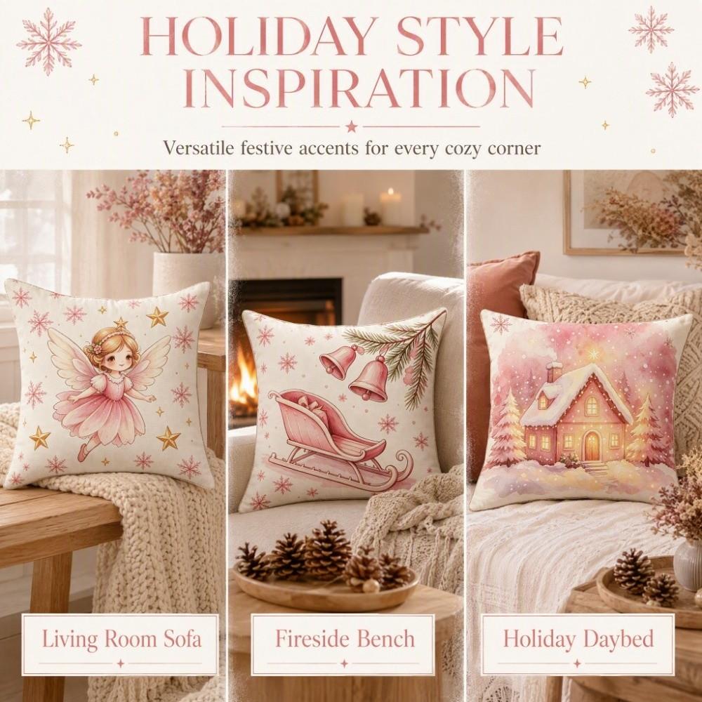 Soft Christmas Pillow Cover Pink Watercolor Style Santa Pillow Cover  Party Decoration