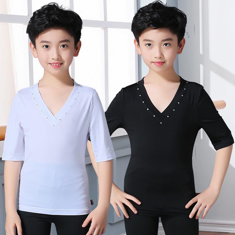 Boys' Latin Dance Performance Tops: Long & Short Sleeve Training Wear for Summer & Autumn Competitions & Exams