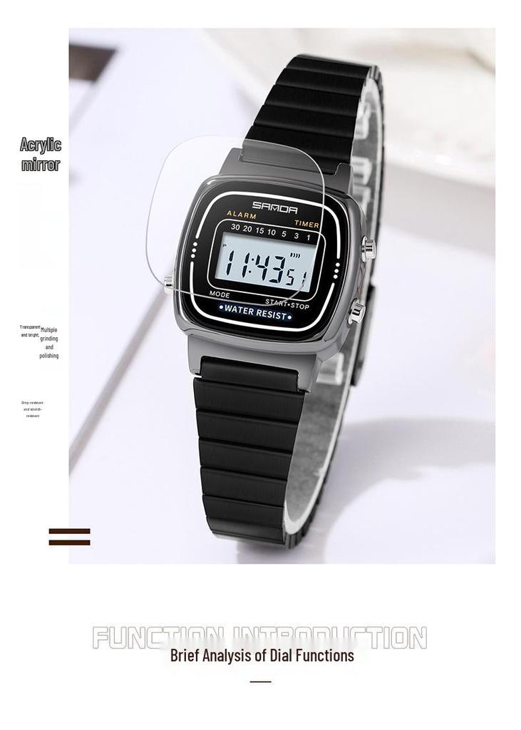 SANDA Retro Steel Band Square Dial Waterproof Alarm Clock Watch for Men & Women