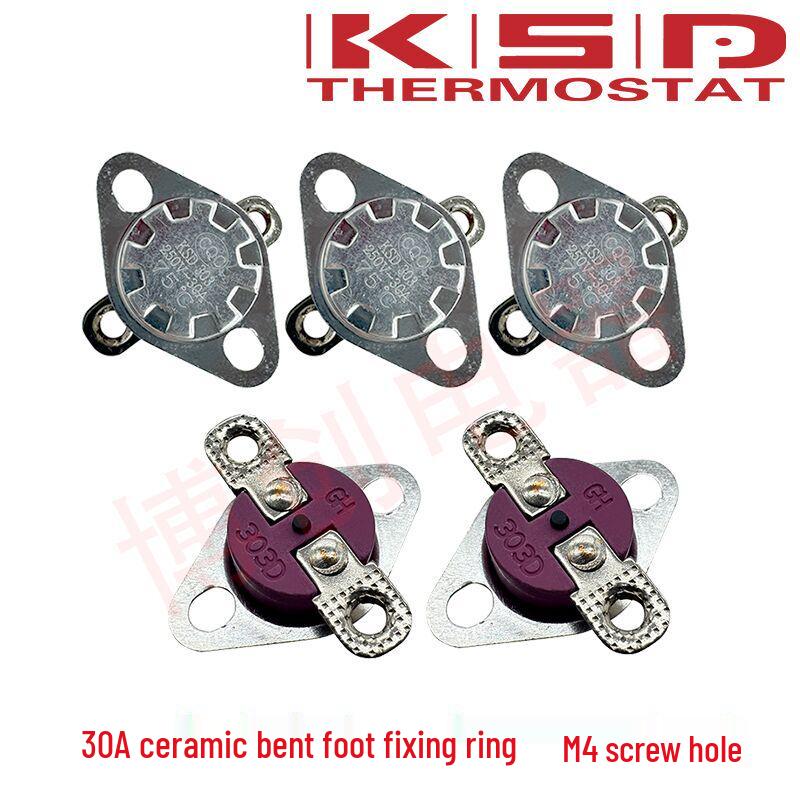 High-Power KSD303 Snap-Action Thermostat, 30A, 40°C-300°C, Automatic Reset Temperature Control Switch 70°C - Bent Fixing Ring M4