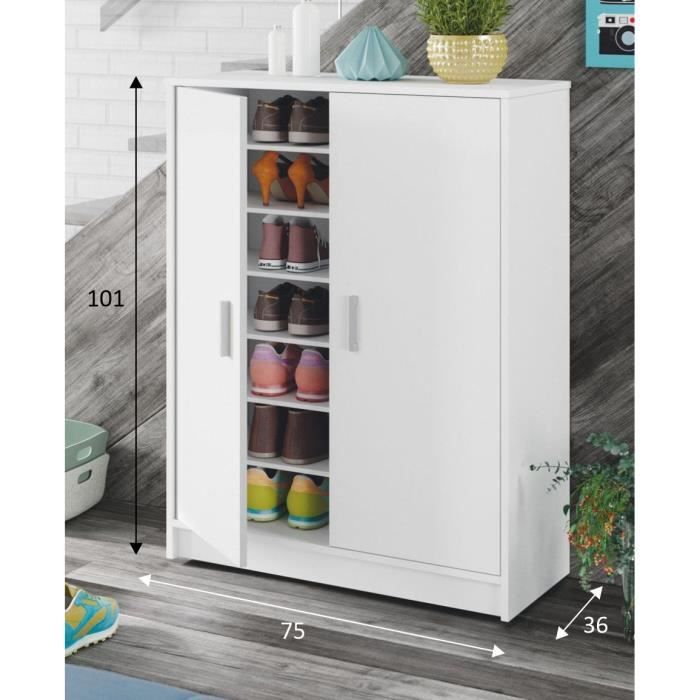 Meuble à chaussures armoire BASIC - 2 portes + 6 étagères - Mélaminé blanc - 30 paires - L75 x P36 x H101 cm
