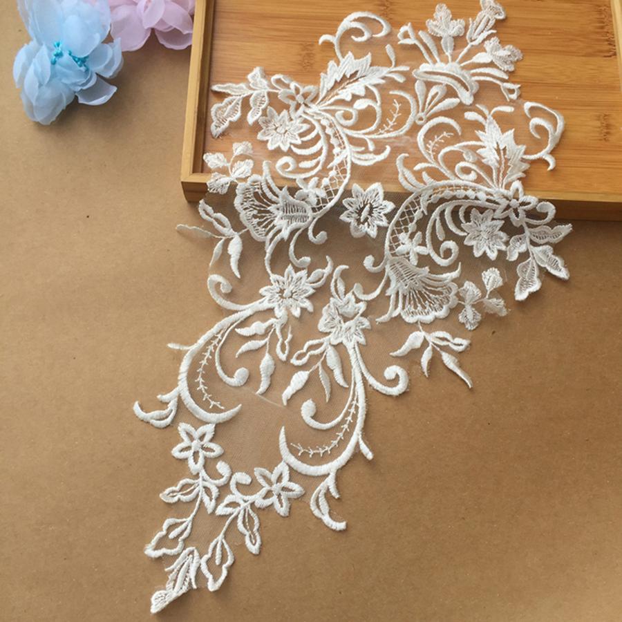 1Pc White Golden Patch Appliques Embroidery Lace Trim Fabric Cloth Sewing Patchwork DIY Craft 42*27cm