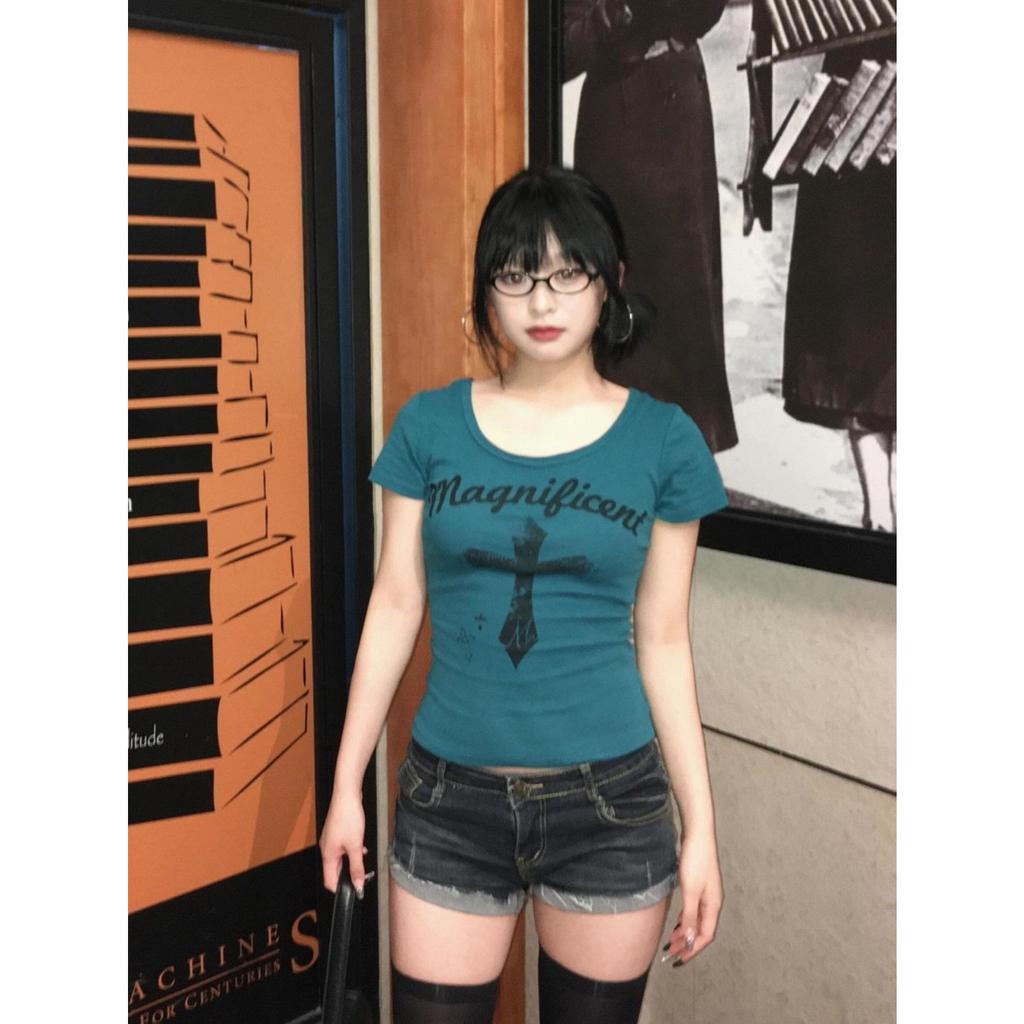 TrendHub Deep Blue Cross Print T-Shirt Women's Korean Style Slim Fit Short Sleeve round Neck Top Fashionable Summer New Arrival