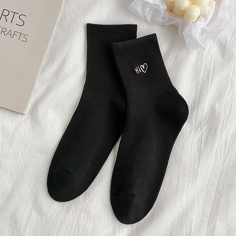 Women's Mid-calf Socks for Spring and Autumn, Heart-shaped Embroidered Cotton Socks, Trendy Women's Socks for Autumn and Winter, Anti-slip Long Socks