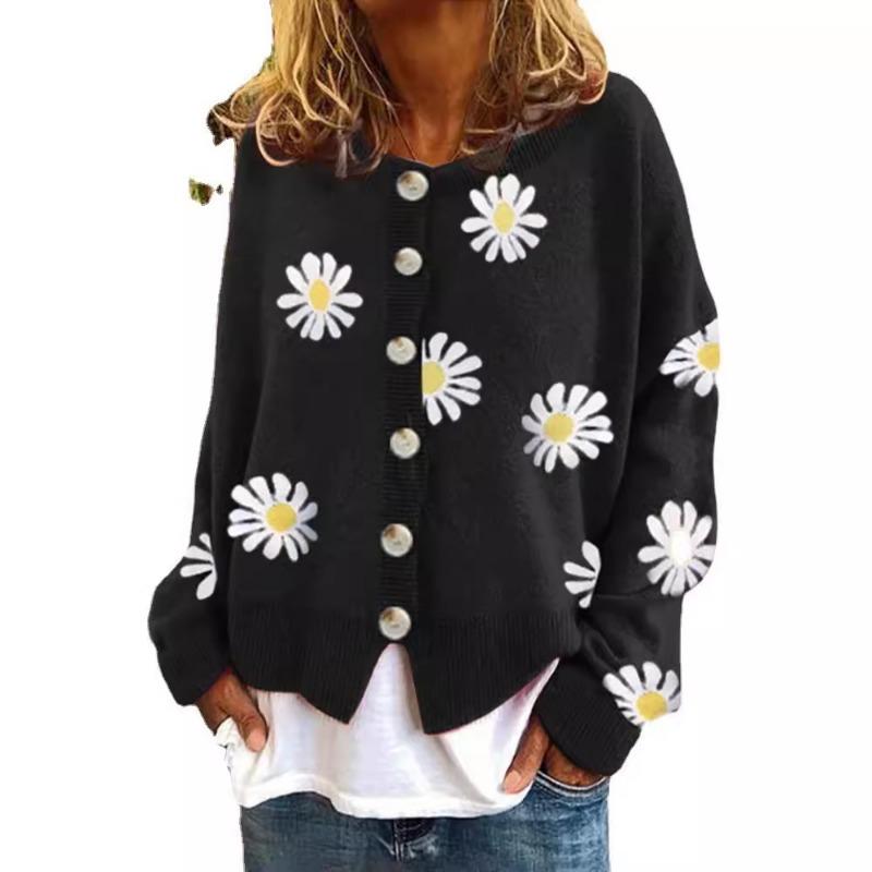 Women S Long Sleeve Knit Cardigan Floral Embroidered Loose Fit Daily Urban Wear