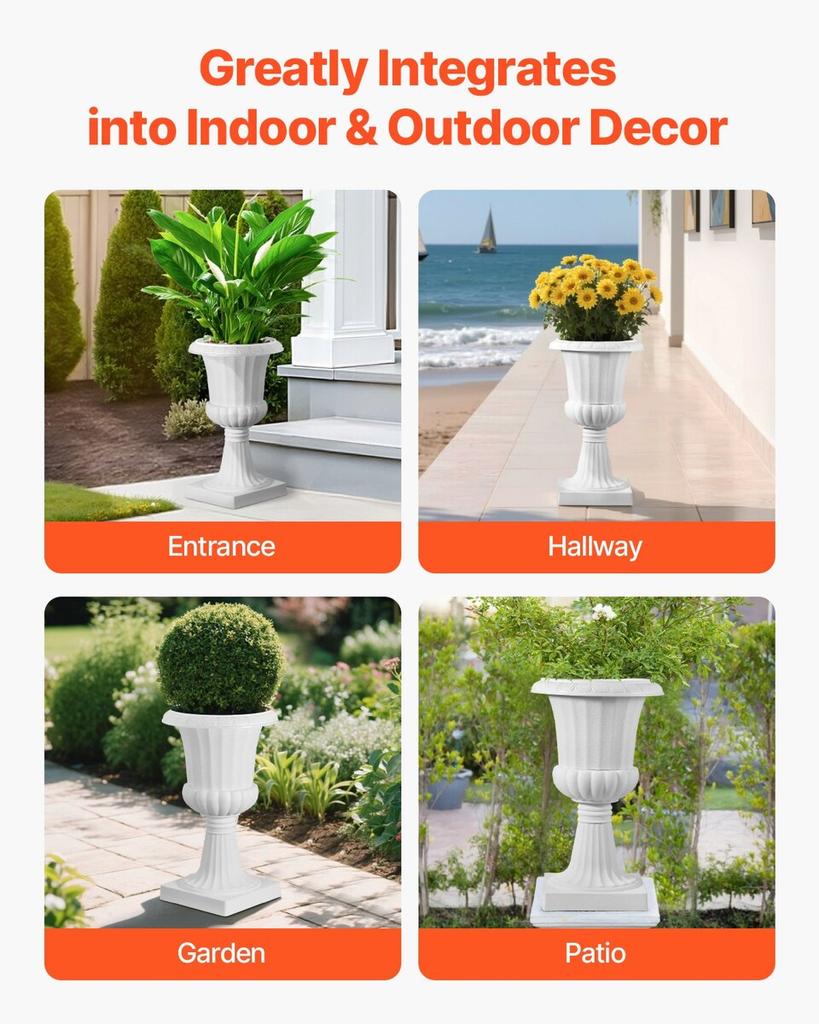 Jardinières Urne en Plastique, 25 x 42 cm, Lot de 2 Pots à Fleurs Classiques Blancs Jardinières de Porche, Vase Intérieur et Extérieur pour Mariage, Fête, Événement, Maison, Scène,