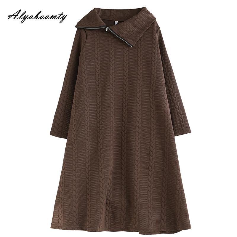 Korean Fashion Autumn Winter Women Stylish Dress Turtleneck Zipper Black Brown Casual Loose Dress Vintage Baggy All-Match Dress