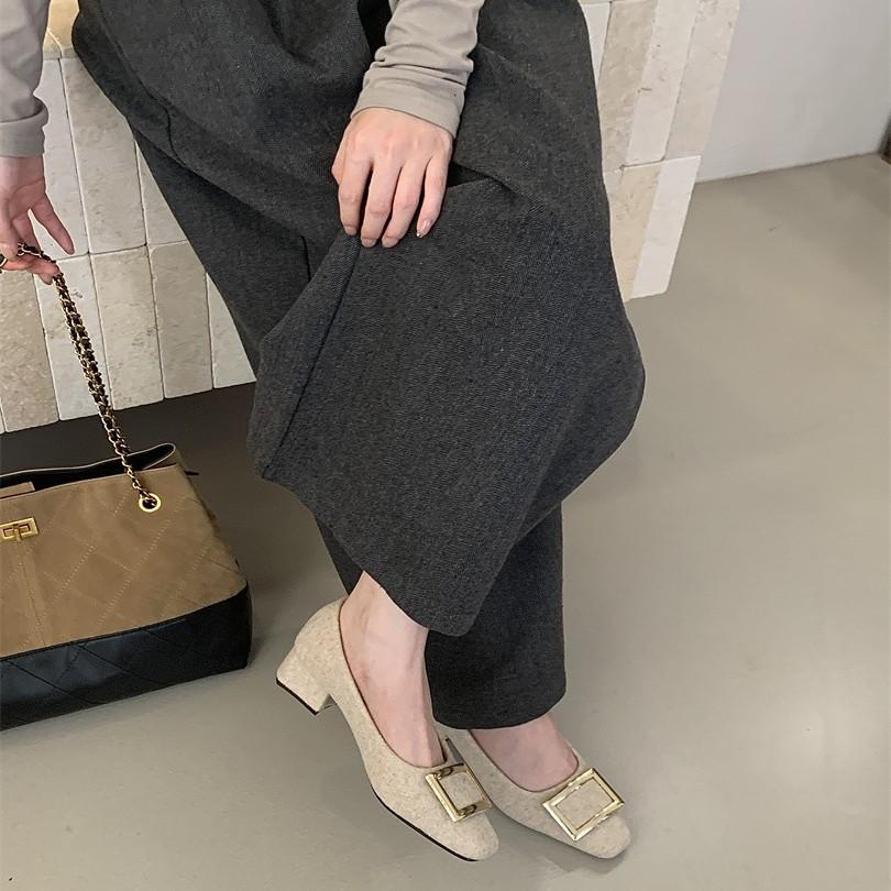 2025 autumn new metal square buckle light mouth single shoes women's thick heel square head commuting Mary Jane shoes