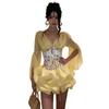 2026 European and American summer new fashion V-neck splicing floral horn sleeve personalized design dress women