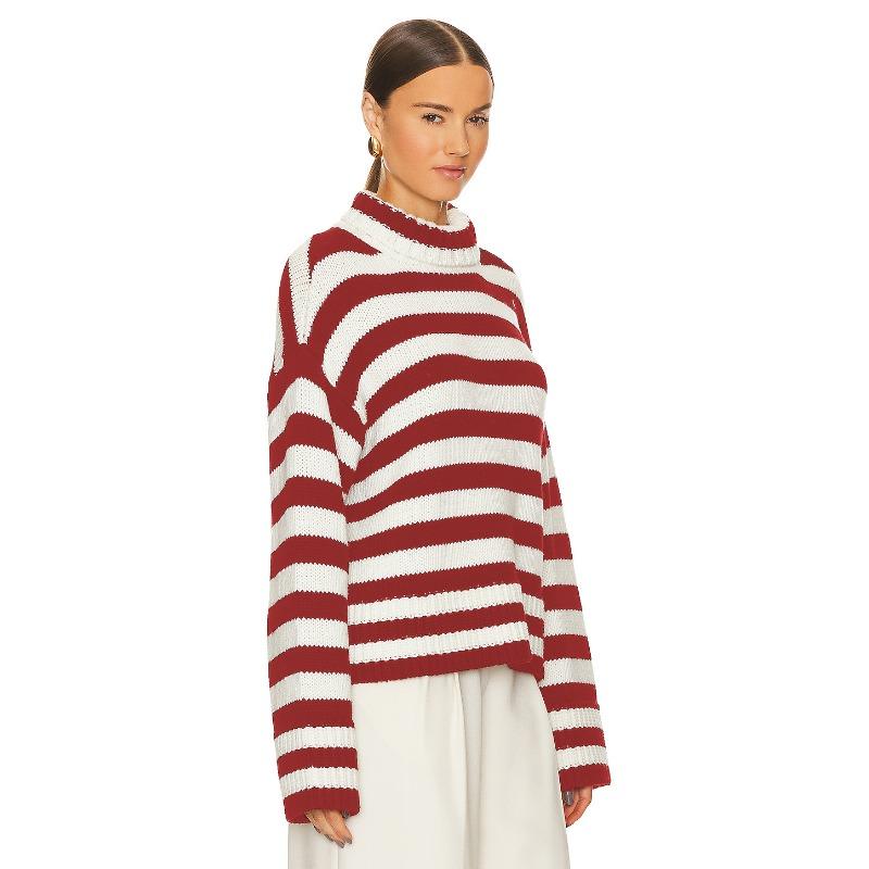 Comfortable Versatile Fashion High Neck Knitted Sweater Female Fall and Winter Loose Striped Long-sleeved Knit Sweater Sweater Coat Female