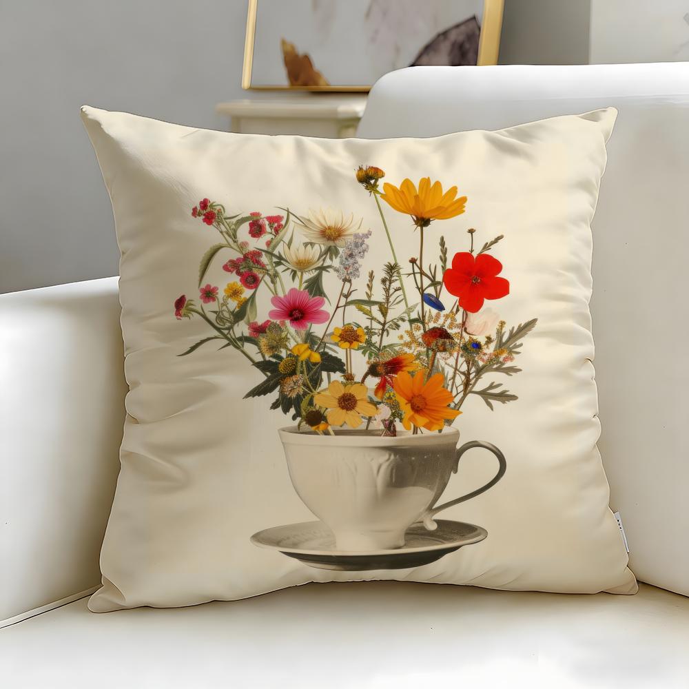 Trendy Ccup of Flowerses Cushion Cover Soft  EasyWash Pillow Case  Versatile for Couch Bed Travel and Office