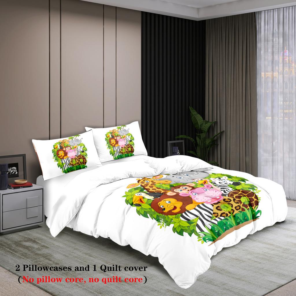 Zoo Duvet Cover Giraffe Lion Elephant Pattern Three-Piece Bedding Set