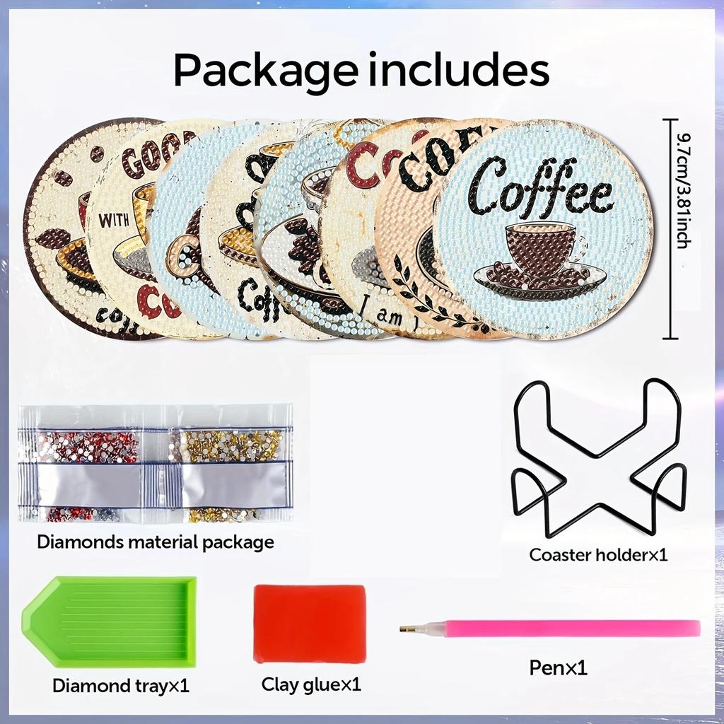 8 sztuk/zestaw podkładek z wzorem filiżanki do kawy malowanej diamentami, podkładki DIY z uchwytem, odpowiednie dla początkujących i dorosłych, prezenty z artykułów plastycznych i rękodzielniczych