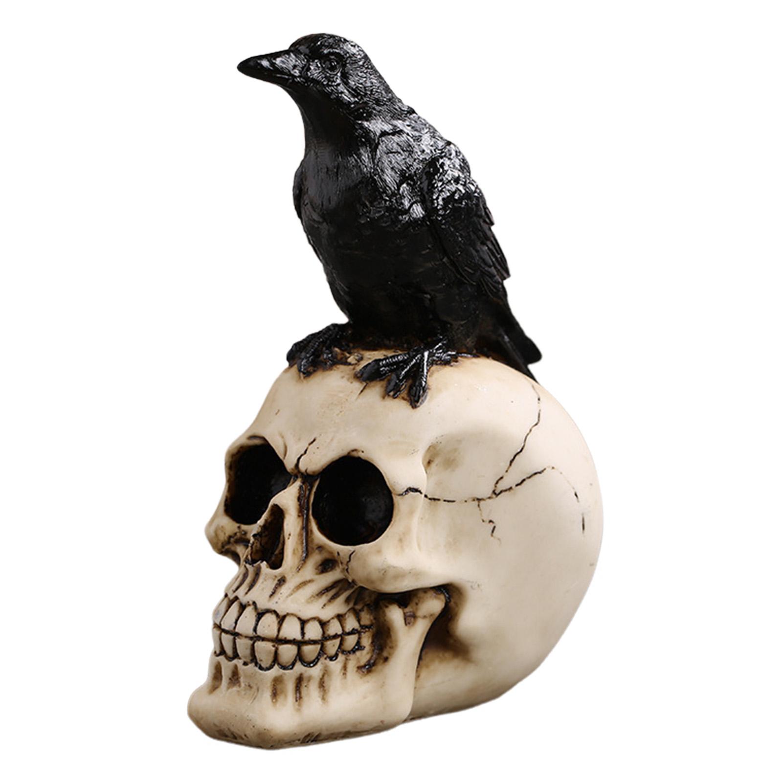 Skeleton Crow Garden Figurines Halloween Skull Head Miniature Skeleton Head Figurine Suitable for Halloween Party Decor