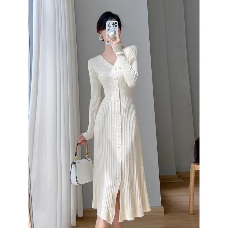 Women's French Style Long Knit Sweater Dress, Slim Fit, Single-Breasted, for Autumn and Winter