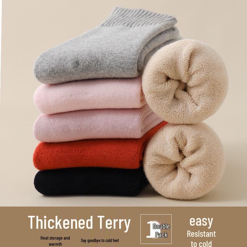 Women's Warm Autumn-Winter Mid-Calf Socks: Pure Cotton, Fleece-Lined, Thick, Heat-Retaining Sleep Socks