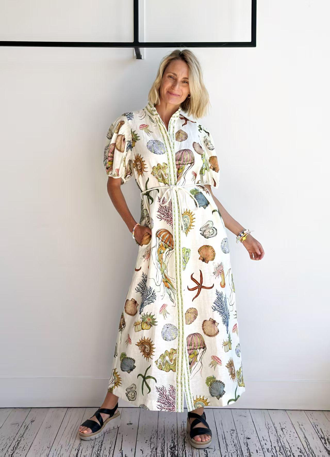 

Temperament Casual stand-up neck cardigan strap-up linen dress S
