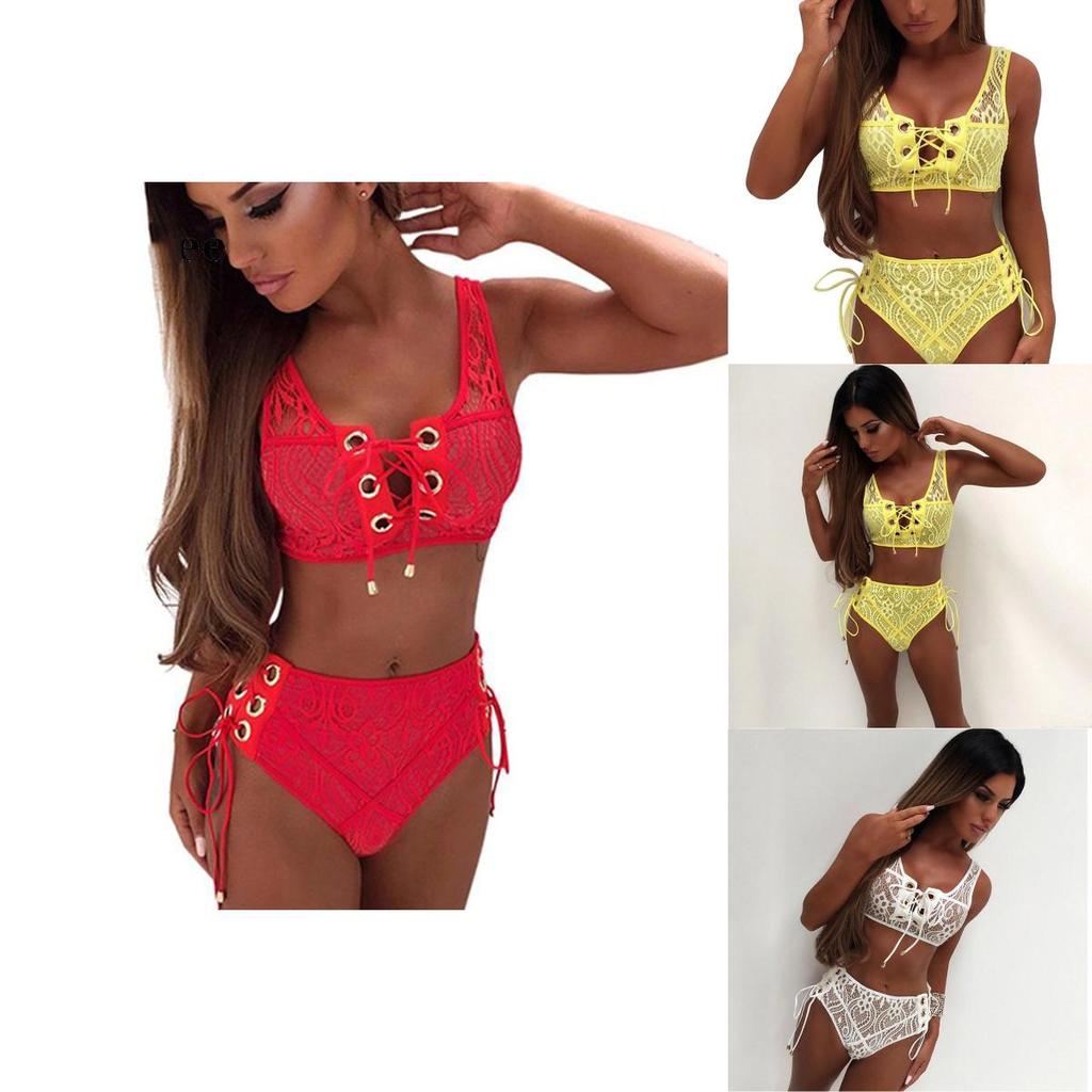 Elegancki Koronkowy Kostium Kąpielowy z Wycięciami i Wysokim Stanem Zestaw Bikini na Sznurki Dla Kobiet