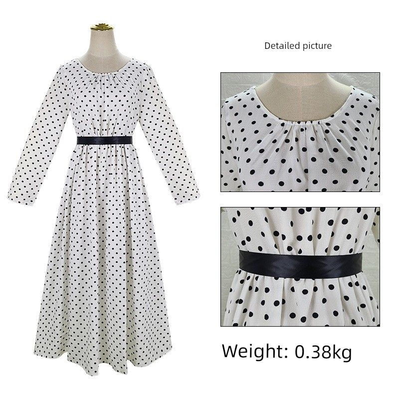 

New Medieval Polka Dot Dress Halloween Brown Striped Stage Performance Costume Retro Ball Gown Polka Dots (Dress + Belt) S