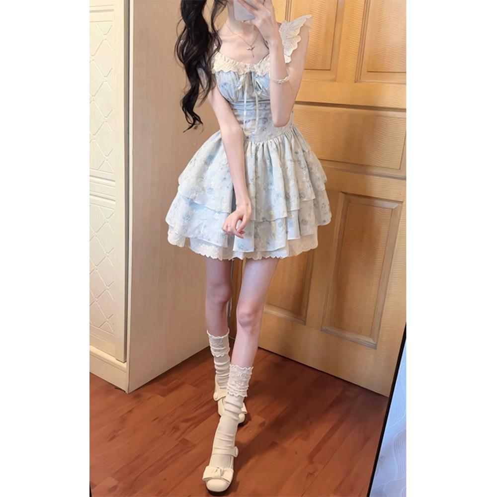 Korejská společenská dcera vítr malé létající rukávy krajkové květinové šaty pas tenký prošívaný A-slovní princeznovská tylová sukně