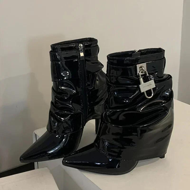 Fashion Luxury Pointed Toe Metal Lock Decoration Women's Boots  Fashion Pleated Patent Leather High Heels Zip Chelsea Boots for Women